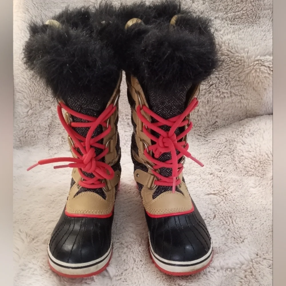 Sorel Women's Black, Tan & Red Winter Rain Boots with Faux Fur Trim